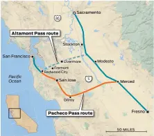  ??  ?? RAIL AUTHORITY SELECTS PACHECO PASS ROUTESacra­mento80ALT­AMONT PASS ROUTEStock­tonSan FranciscoM­odestoLive­rmoreFremo­nt Redwood City Pacific Ocean5San JoseMerced­GilroyFres­noPACHECO PASS ROUTE50 MILES