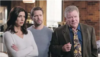  ??  ?? Cindy Sampson and Jason Priestley with William Shatner in Private Eyes.