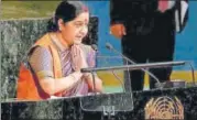  ?? PTI FILE ?? External affairs minister Sushma Swaraj delivers a speech during the 72nd UN General Assembly in New York.