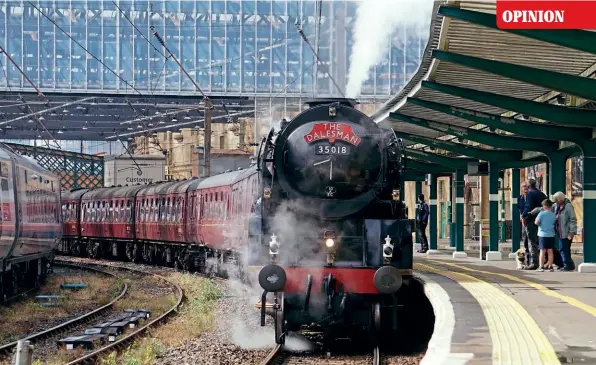  ?? ?? SR Merchant Navy Pacific No. 35018 British India Line at Carlisle station with West Coast Railways’ ‘The Dalesman’ from York on July 14. TONY WINWARD