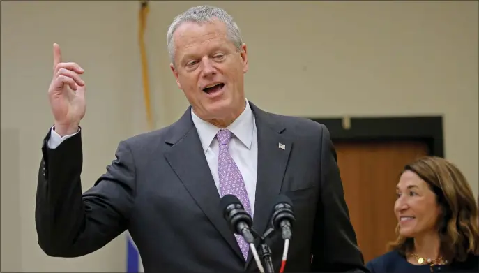  ?? STUART CAHILL / HERALD STAFF FILE ?? RELIEF PITCHER, BUT NO SAVE: Gov. Charlie Baker speaks about the state’s capital Budget announceme­nt at the Quincy Courthouse on May 5.