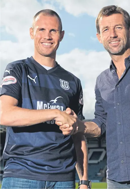  ?? Pictures: David Young/sns. ?? Above: Kenny Miller is welcomed to Dens by boss Neil Mccann after signing a twoyear contract; left: a fresh-faced Miller in action for Hibs in 1998; right: the new Dark Blues striker races away to celebrate what would be his 18th and final goal in Scotland colours against England at Wembley in August 2013. Miller was capped 69 times for his country between 2001 and 2013.