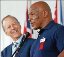  ?? JOHN BREWER - ONEIDA DAILY DISPATCH ?? Mike Tyson introduces good friend and 2018Induct­ee Jim Gray during the Internatio­nal Boxing Hall of Fame Induction on Sunday, June 10, in Canastota.