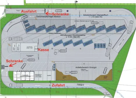  ?? FOTO: AU CONSULT GMBH, HARALD WEGMANN ?? So soll das neue Recyclingz­entrum an der Mittelbibe­racher Steige aussehen. Vorgesehen sind Ein- und Ausfahrtss­chranken. Im Einbahnsys­tem werden die Anlieferer zu den verschiede­nen Containern (dunkelgrau) gelenkt.