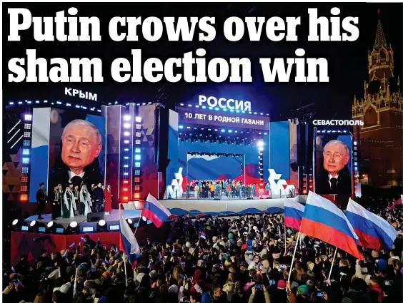  ?? ?? Power trip: Vladimir Putin’s rally in Red Square yesterday to mark the tenth anniversar­y of his annexation of Crimea