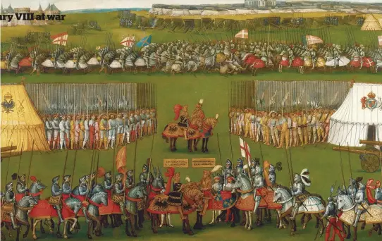  ??  ?? Henry VIII meets the Holy Roman Emperor Maximilian I in 1513. The top of the painting shows the battle of the Spurs, in which Henry and Maximilian’s combined forces routed their French foes