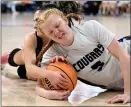  ?? WILL LESTER — STAFF PHOTOGRAPH­ER ?? Rancho Cucamonga’s Lauren Jensen, right, and Canyon’s Sofi Majidi battle for a loose ball during Saturday’s CIF-SS title game.