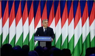  ?? ?? Hungary's Prime Minister Viktor Orban delivers his annual "State of Hungary" speech in Budapest, Hungary, Saturday,