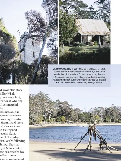  ??  ?? CLOCKWISE, FROM LEFT Standing at 23 metres tall, Boyd's Tower was built by Benjamin Boyd and used as a lookout for whalers; Davidson Whaling Station is Australia’s longest operating shore-based whaling station; the beach surroundin­g the tiny 1890s...