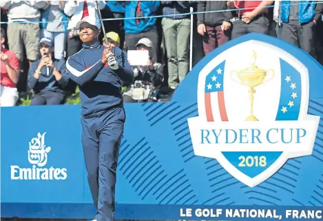  ?? Picture: Getty Images. ?? Team USA’s Tiger Woods practises at Le Golf National in Saint-Quentin-en-Yvelines, Paris.