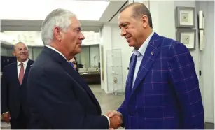  ?? (Kayhan Ozer/Reuters) ?? TURKISH PRESIDENT Tayyip Erdogan (right) meets with US Secretary of State Rex Tillerson in Istanbul on Sunday.