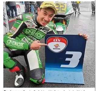  ??  ?? Roaring racer: Ramdan Rosli claimed his first podium in the Moto2 European Championsh­ip after finishing third in Race 1 of the seasonopen­ing round in Estoril, Portugal, on Sunday.