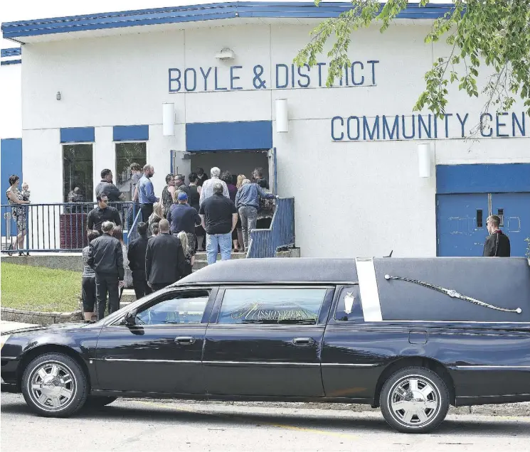  ?? ED KAISER ?? The Boyle Community Centre was packed during Monday’s celebratio­n of life for Tim Hague, the boxer who died June 18 after getting knocked out during a fight two days earlier.