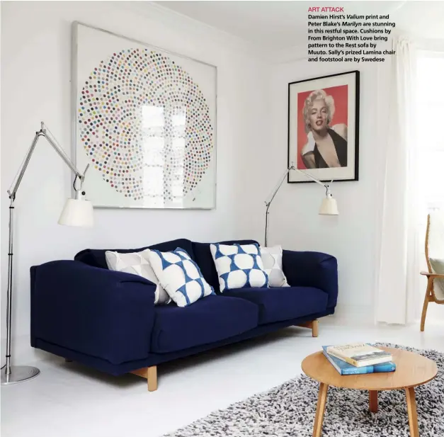  ??  ?? ART ATTACK
Damien Hirst’s Valium print and Peter Blake’s Marilyn are stunning in this restful space. Cushions by From Brighton With Love bring pattern to the Rest sofa by Muuto. Sally’s prized Lamina chair and footstool are by Swedese