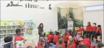  ??  ?? Principal, Roz Morris with Mairead McGuinness MEP speaking to pupils in St. Joseph’s National School.