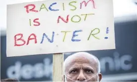  ?? Photograph: Gary Calton/The Guardian ?? Azeem Rafiq’s father, Muhammed, at an anti-racism rally in support of his son outside Headingley.