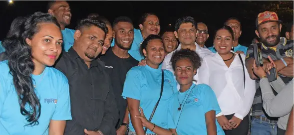  ?? Photo: Simione Haravanua ?? Youths, mostly tertiary students, with FijiFirst party general secretary Aiyaz Sayed-Khaiyum, standing 9th from left, at the rally at the FMF Gymnasium on October 29, 2018. Standing first from left is FijiFirst Youth wing president Naziah Ali