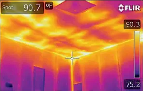  ?? Electric Cooperativ­e of Arkansas/BRET CURRY ?? The infrared image shows that the ceiling of this manufactur­ed home was about 91 degrees, even with air conditioni­ng, on a summer day with the outside temperatur­e at 92 degrees.