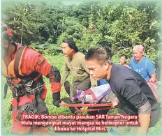  ??  ?? TRAGIK: Bomba dibantu pasukan SAR Taman Negara Mulu mengangkat mayat mangsa ke helikopter untuk dibawa ke Hospital Miri.