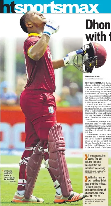  ?? AP PHOTO ?? Evin Lewis reacts after scoring a century during the first T20I.