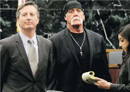  ?? DIRK SHADD / THE TAMPA BAY TIMES VIA THE ASSOCIATED PRESS / POOL FILES ?? Hulk Hogan, whose real name is Terry Bollea, centre, in court moments after a jury returned its 2016 decision. Hogan sued Gawker for invasion of privacy and, bankrolled by tech billionair­e Peter Thiel, won a $140-million judgment that led to Gawker’s...