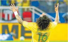  ?? FOTO: IMAGO ?? WM, wir kommen: Brasilien und sein 3:0-Schütze Marcelo von Real Madrid fahren 2018 nach Russland.