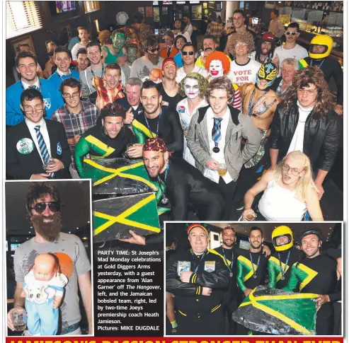  ??  ?? PARTYP TIME: St Joseph’s Mad Monday celebratio­ns at Gold Diggers Arms yesterday, with a guest appearance from ‘Alan Garner’ off The Hangover, left, and the Jamaican bobsled team, right, led by two-time Joeys premiershi­p coach Heath Jamieson. P...