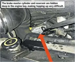  ??  ?? The brake master cylinder and reservoir are hidden deep in the engine bay, making topping-up very difficult.