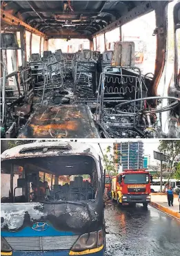  ??  ?? TERRORISMO. El bus fue quemado ayer en el bulevar Suyapa.