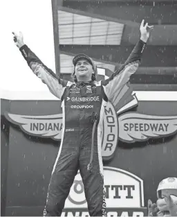  ?? MIKE DINOVO/USA TODAY SPORTS ?? IndyCar driver Colton Herta reacts Saturday after winning the GMR Grand Prix at Indianapol­is Motor Speedway Road Course.