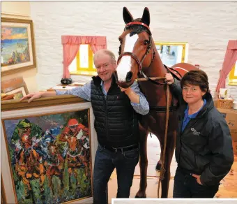  ?? Photos by Declan Malone ?? Liam O’Neill in his studio on The Colony with leather worker Elaine Waters and a horse called ‘Sláinte’. INSET: The secret is out from under Sláinte’s saddle.