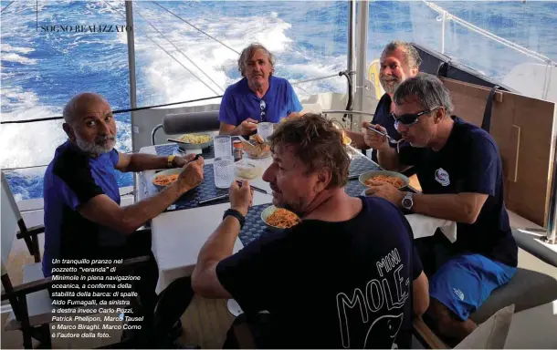  ??  ?? Un tranquillo pranzo nel pozzetto “veranda” di Minimole in piena navigazion­e oceanica, a conferma della stabilità della barca: di spalle Aldo Fumagalli, da sinistra a destra invece Carlo Pozzi, Patrick Phelipon, Marco Tausel e Marco Biraghi. Marco Corno è l’autore della foto.