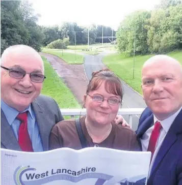  ??  ?? Cllrs Terry Aldridge, left, Julie Gibson, and John Fillis, overlookin­g the site entrance, with a copy of the West Lancashire Highways and Transport Master Plan; the original Skelmersda­le railway station, below left, was closed in 1968 when the line was axed under the Beeching cuts