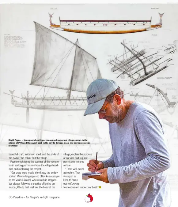  ??  ?? David Payne ... documented outrigger canoes and numerous village canoes in the islands of PNG and then went back to the city to do large-scale line and constructi­on drawings.