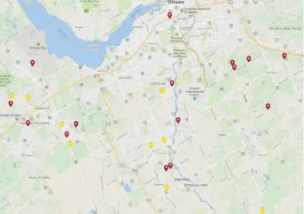  ?? GOOGLE MAPS ?? The red pins above show intersecti­ons warranted for traffic lights. The yellow pins show intersecti­ons that are just below that threshold.