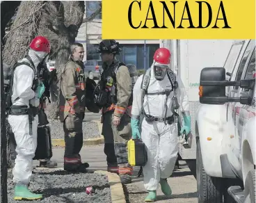  ?? MORGAN MODJESKI / POSTMEDIA NEWS FILES ?? Saskatoon firefighte­rs respond to a suspicious package containing a harmless white powder at the Saskatoon Inn and Suites in April. A Saskatoon woman has been charged with a string of bizarre incidents involving white powder.