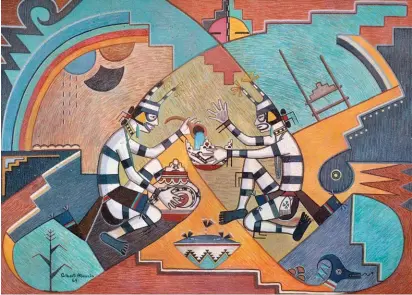  ??  ?? 5. Gilbert Atencio (Wa Peen) (San Ildefonso, 19301995), The Delight Makers in the Process of Making Medicine, 1964, watercolor on paper, 17¼ x 36”