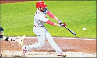  ??  ?? St. Louis Cardinals’ Paul DeJong drives in a run with a single off Pittsburgh Pirates starting pitcher Chad Kuhl dur
ing the fourth inning of the second baseball game of a doublehead­er in Pittsburgh, on Sept 18. (AP)