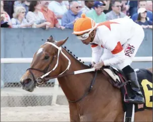  ?? Submitted photo ?? MISCHIEF MANAGED: Jockey Ricardo Santana Jr. rides William and Corinne Heiligbrod­t’s Mia Mischief (6) to first in the $150,000 Purple Martin Stakes Saturday at Oaklawn Park.
