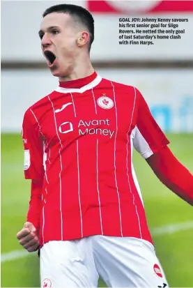  ??  ?? GOAL JOY: Johnny Kenny savours his first senior goal for Sligo Rovers. He netted the only goal of last Saturday’s home clash with Finn Harps.