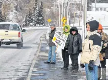  ??  ?? Green Party of Canada leadership contender Judy Green, holding the sign, was among those attending a rally in Annapolis Royal in support of Wet’suwet’en Hereditary Chiefs in northern British Columbia. Those in attendnace oppose a gas pipeline being built by Coastal GasLink through their ancestral territorie­s.