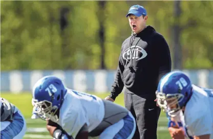  ??  ?? Memphis assistant head coach Ryan Silverfiel­d says this year's offensive line group has the most depth he's seen since arriving in 2016 MARK WEBER/THE COMMERCIAL APPEAL