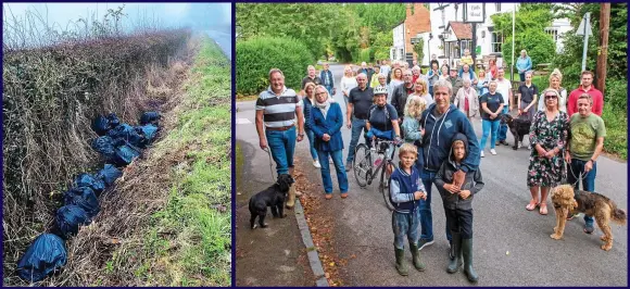  ??  ?? FIGHTING BACK: Jeremy Emmett and children, centre, with Barston villagers whose system foiled a gang that dumped the cannabis waste, left