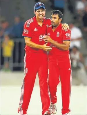  ?? Picture: Getty Images. ?? Bopara, right, is congratula­ted by Cook after taking a wicket.
