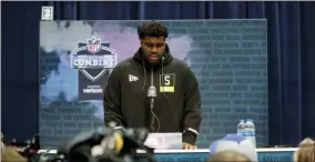  ?? MICHAEL CONROY - THE ASSOCIATED PRESS ?? Louisville offensive lineman Mekhi Becton speaks during a press conference at the NFL football scouting combine in Indianapol­is, Wednesday, Feb. 26, 2020.