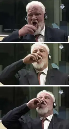  ?? FOTO'S AP, BELGA ?? Oorlogsmis­dadiger Slobodan Praljak zet een flesje aan zijn lippen en drinkt het in één teug leeg. “Mijnheer de rechter, ik heb net gif ingenomen.”