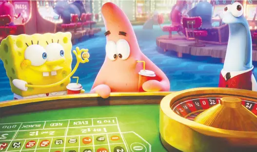  ?? PARAMOUNT ANIMATION ?? Spongebob (voiced by Tom Kenny) and Patrick (voiced by Bill Fagerbakke) go to, of course, Atlantic City in The Spongebob Movie: Sponge on the Run.