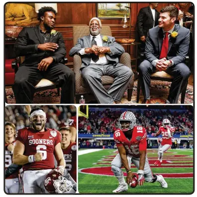  ?? CHELSEA PURGAHN/TYLER MORNING TELEGRAPH (TOP); JEFF GROSS / GETTY IMAGES (LEFT); TOM PENNINGTON / GETTY IMAGES (RIGHT) ?? TOP: Ronald Jones II (left), with Earl Campbell and Auburn QB Jarrett Stidham, chose USC over Texas, Texas Tech and Baylor. LEFT: Sooners QB Baker Mayfield, a Lake Travis product, never jelled at Texas Tech. RIGHT: Quarterbac­k J.T. Barrett, from...