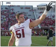  ?? (NWA Democrat-Gazette/Ben Goff) ?? Arkansas offensive guard Ricky Stromberg weighed less than 270 pounds for the Razorbacks last season as a true freshman. Now he is listed at 298 pounds.