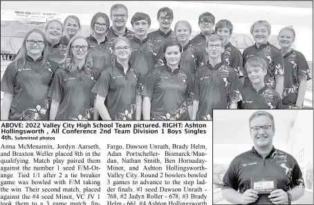  ?? Submitted photos ?? ABOVE: 2022 Valley City High School Team pictured. RIGHT: Ashton Hollingswo­rth , All Conference 2nd Team Division 1 Boys Singles 4th.